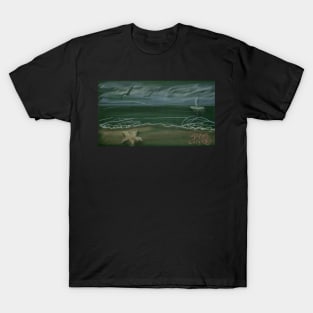 chalkboard ocean with sailboat, beach with starfish T-Shirt